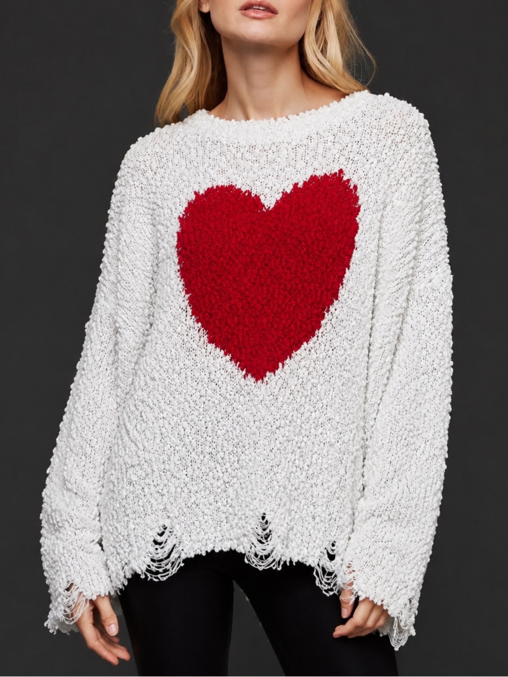 Aaron + Amber Heart Sweater Popcorn Knit Distressed Red White Lovecore Size L